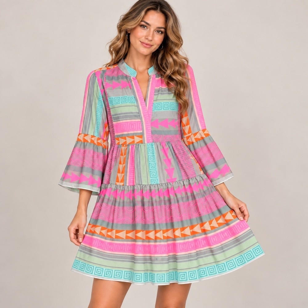 Geometric Tiered Dress Womens M Pink Orange Bell Sleeve Boho Babydoll Mini